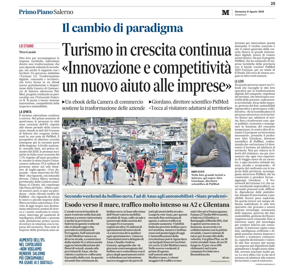 Turismo 5.0 - Trasformazione digitale, comunità e territori. Il Mattino, domenica 9 agosto 2026, pagina 25. Di Nico Casale.